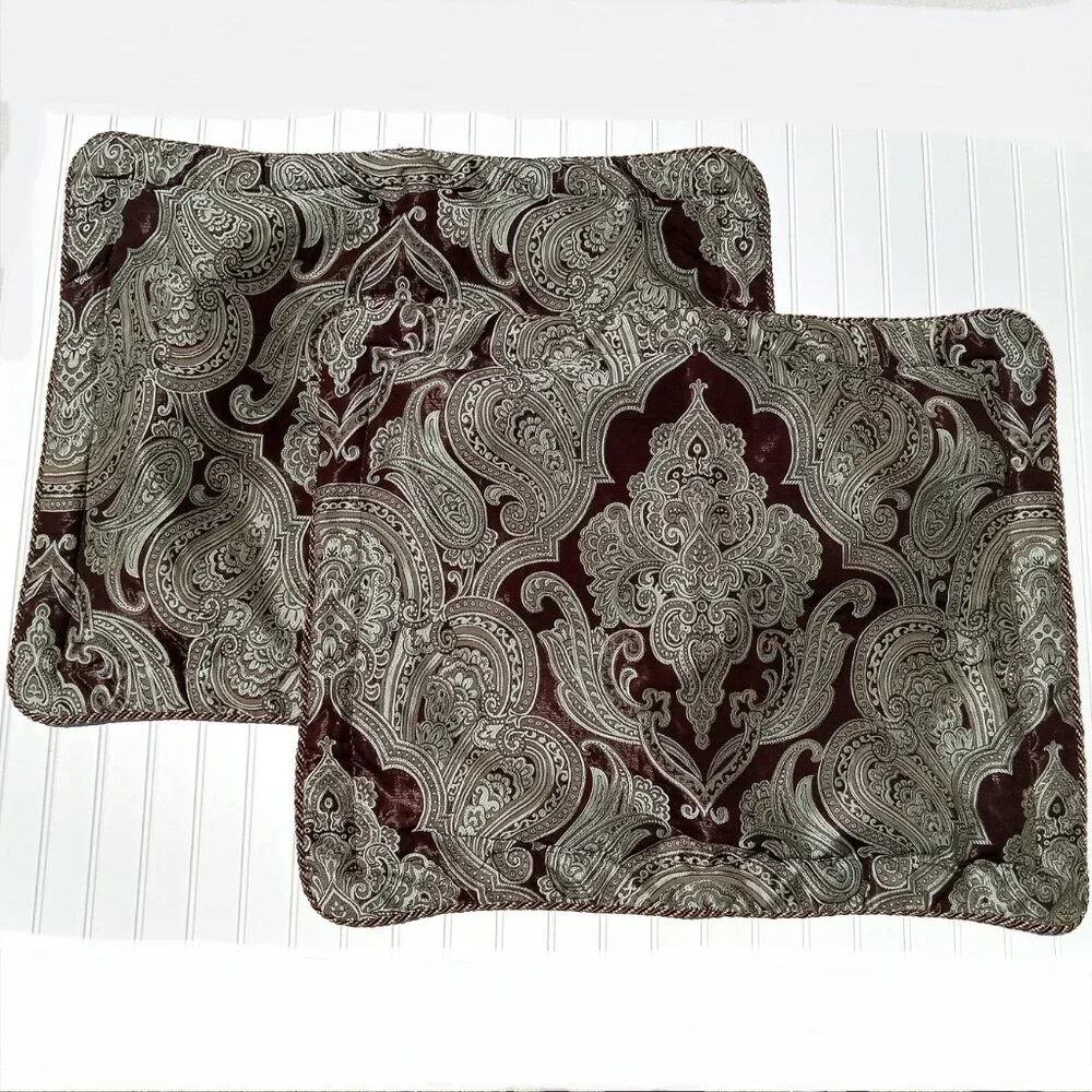 CROSCILL Home Imperial Pillow Shams Brown Brocade Damask Medallion Standard PAIR
